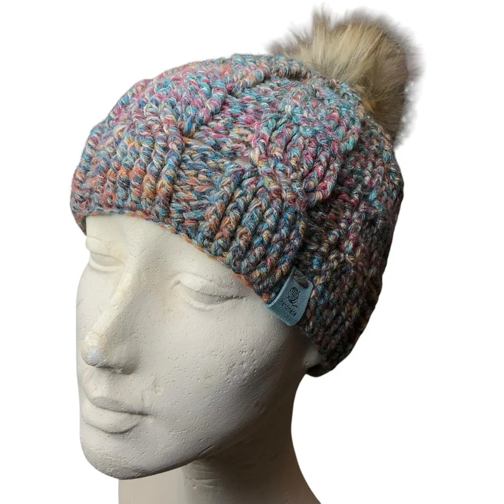 Cable Knit Crochet Beanie Hat Handcrafted With Faux Fur Pom Handmade Red Blue